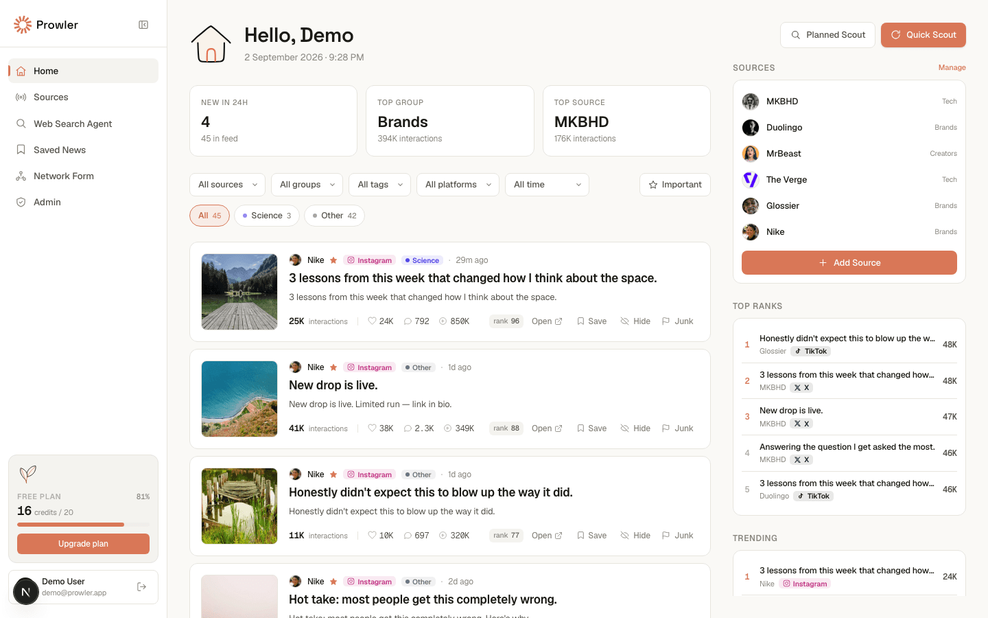 Prowler home screen: a ranked feed with source, group, tag, platform and time filters, the sources panel, Top Ranks and Trending